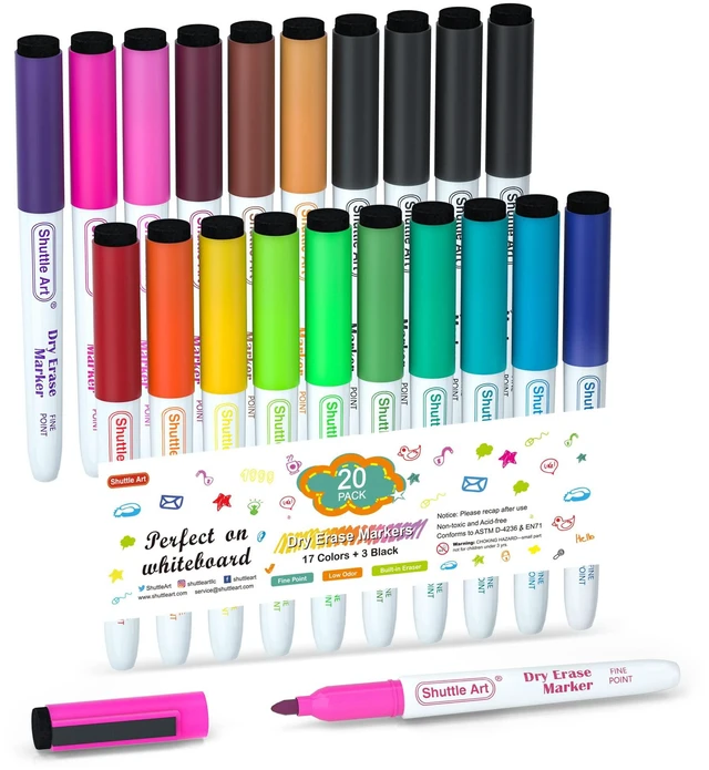 Main image of 20 Pack Dry Erase Markers 17 Colors Plus 3 Black Fine Tip Smooth Fine-Point Writing, Clean Dry Wipe Ink, Non-toxic Low-Odor, Perfect for Whiteboards, Classroom & Office Daily Use