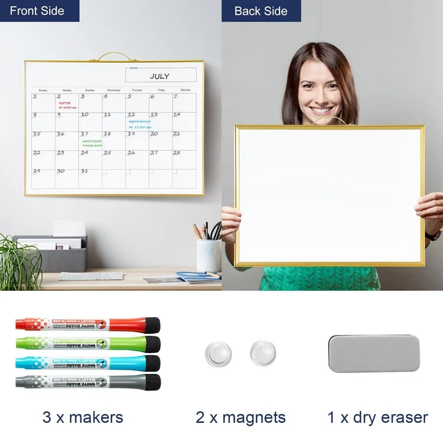 Alt view image 2 of 7 - White Board Calendar - 12 X 16 Inches Magnetic Dry Erase Board Monthly Calendar, Double Sided Whiteboard with a Handle, to Do List Notepad for Office, Home, School, Gold Aluminum Frame
