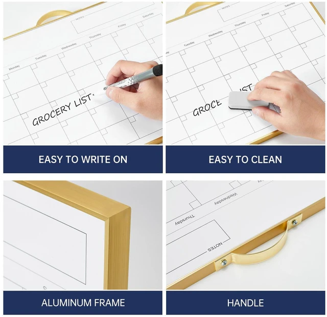 Alt view image 4 of 7 - White Board Calendar - 12 X 16 Inches Magnetic Dry Erase Board Monthly Calendar, Double Sided Whiteboard with a Handle, to Do List Notepad for Office, Home, School, Gold Aluminum Frame