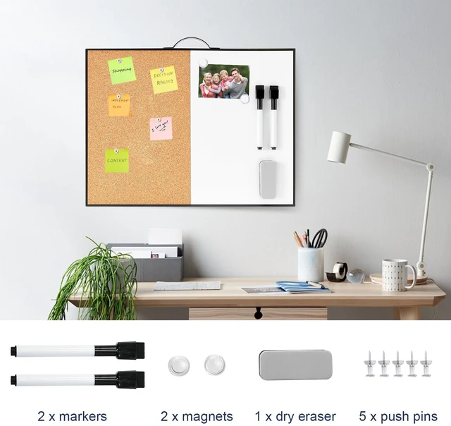 Alt view image 2 of 7 - Small Whiteboard Cork-Board - 12" X 16" Portable Aluminum Black Framed Magnetic Dry Erase Board for Wall, Small Bulletin Cork Board with Holder for Office, Home and School