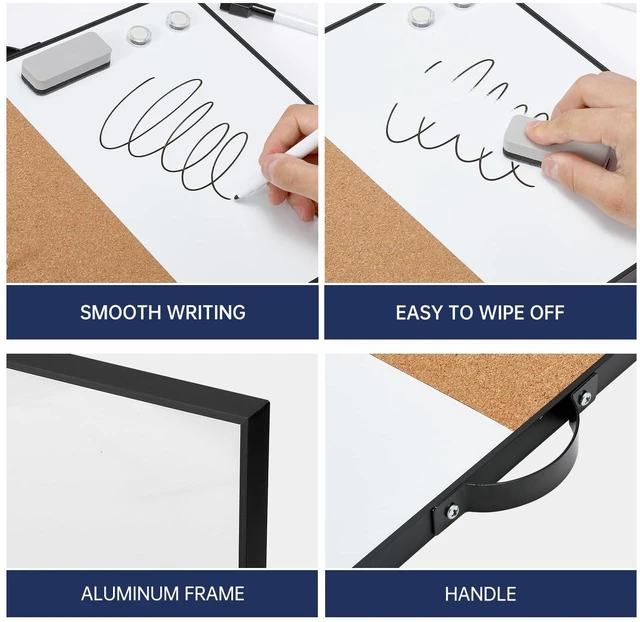 Alt view image 3 of 7 - Small Whiteboard Cork-Board - 12" X 16" Portable Aluminum Black Framed Magnetic Dry Erase Board for Wall, Small Bulletin Cork Board with Holder for Office, Home and School