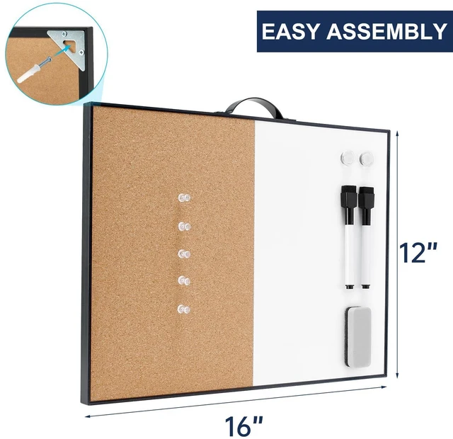 Alt view image 4 of 7 - Small Whiteboard Cork-Board - 12" X 16" Portable Aluminum Black Framed Magnetic Dry Erase Board for Wall, Small Bulletin Cork Board with Holder for Office, Home and School