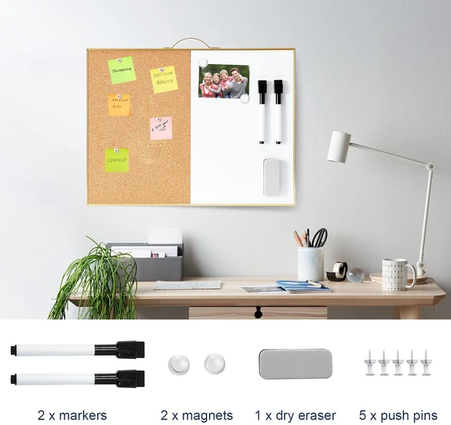 Alt view image 2 of 7 - Small Combination Board - 12" X 16" Portable Aluminum Gold Framed Magnetic Dry Erase Board for Wall, Small Bulletin Cork Board with Holder for Office, Home and School
