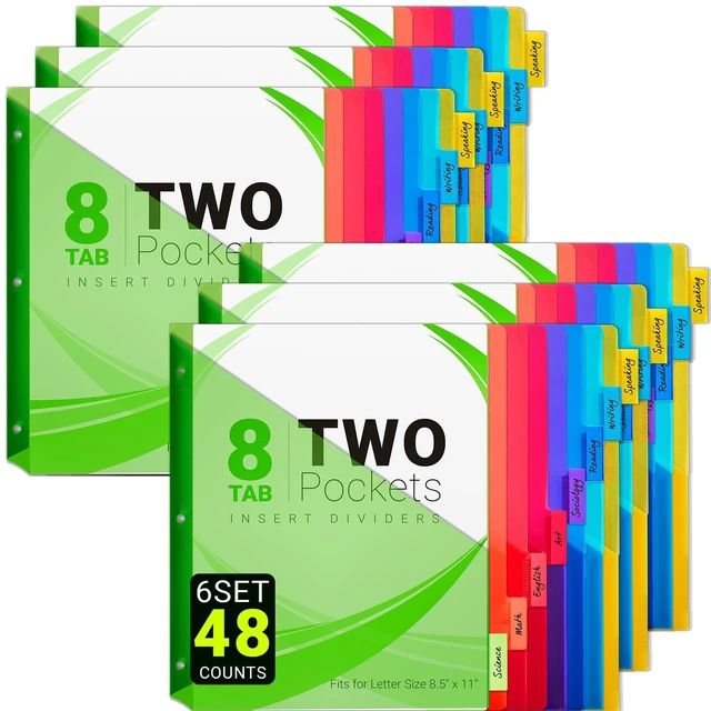 Main image of 8-Tab Dividers for 3-Ring Binders, 48 Counts 3 Holes Index Dividers with 2 Pockets, Insertable 8 Tabs Binder Divider for 1/2''/1''/2''/3'' inch Binders, 8 Colors (6)