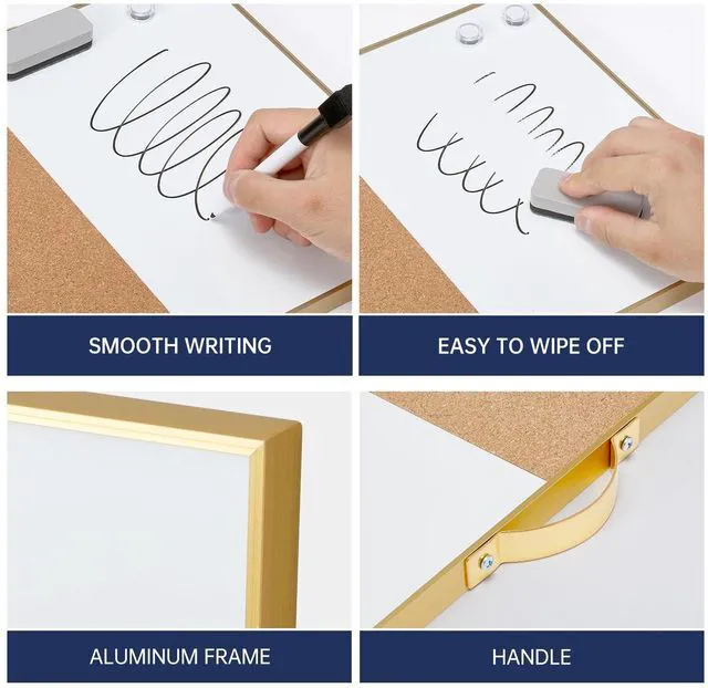 Alt view image 3 of 7 - Small Combination Board - 12" X 16" Portable Aluminum Gold Framed Magnetic Dry Erase Board for Wall, Small Bulletin Cork Board with Holder for Office, Home and School
