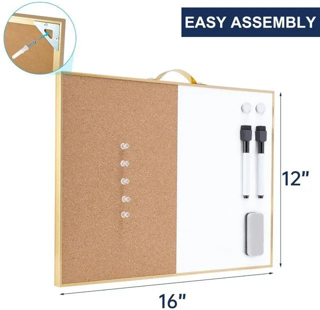 Alt view image 4 of 7 - Small Combination Board - 12" X 16" Portable Aluminum Gold Framed Magnetic Dry Erase Board for Wall, Small Bulletin Cork Board with Holder for Office, Home and School