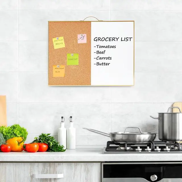 Alt view image 7 of 7 - Small Combination Board - 12" X 16" Portable Aluminum Gold Framed Magnetic Dry Erase Board for Wall, Small Bulletin Cork Board with Holder for Office, Home and School