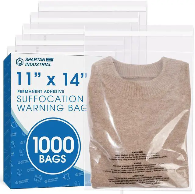 Main image of 11" X 14" (1000 Count) Self Seal Clear Poly Bags with Suffocation Warning for Packaging, T Shirts - Permanent Adhesive