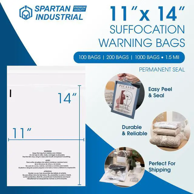 Alt view image 2 of 7 - 11 X 14 (100 Count) Self Seal Clear Poly Bags with Suffocation Warning for Packaging, T Shirts - Permanent Adhesive