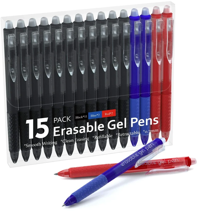Main image of Erasable Gel Pens, 15 Pack Retractable Erasable Pens Clicker, Fine Point, Make Mistakes Disappear, 11 Black 2 Blue 2 Red Inks for School & Office