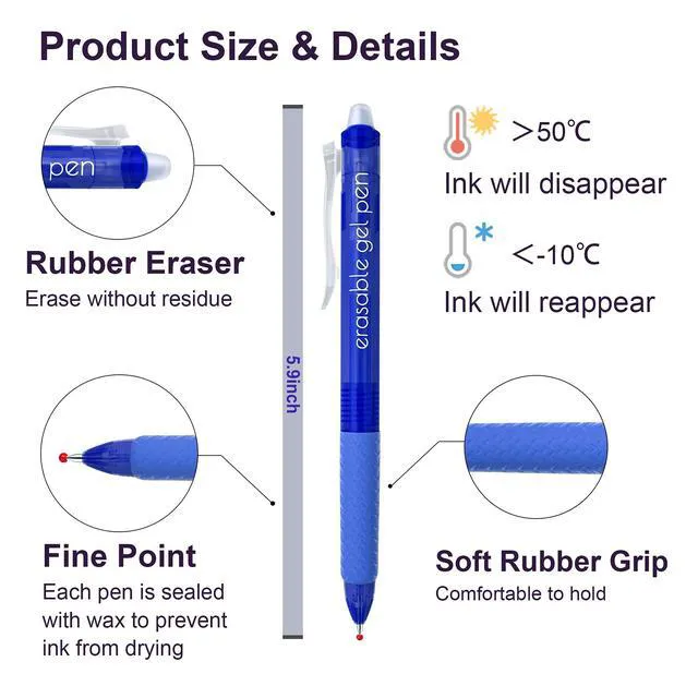 Alt view image 3 of 7 - Erasable Gel Pens, 15 Pack Blue Retractable Erasable Pens Clicker, Fine Point, Make Mistakes Disappear, Blue Ink for School & Office