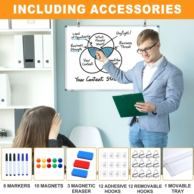 Alt view image 2 of 7 - White Board Dry Erase Whiteboard for Wall 24x18 (3pcs) Magnetic Boards for Office Classroom & Home, Small Wall Whiteboard Including 6 Markers, 10 Magnets, 2 Erasers & 15 Adhesive Hooks