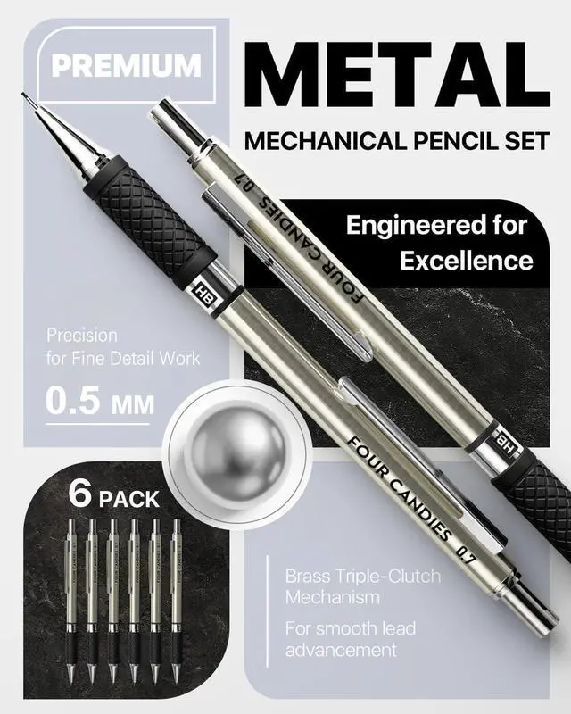 Alt view image 2 of 7 - Metal Mechanical Pencil Set with Case, 6-Pack 0.5mm Fine Point Pencils 360 Leads, 12 Erasers, Non-Slip Grips, For School Writing, Sketching, Art Drawing & Professional Drafting