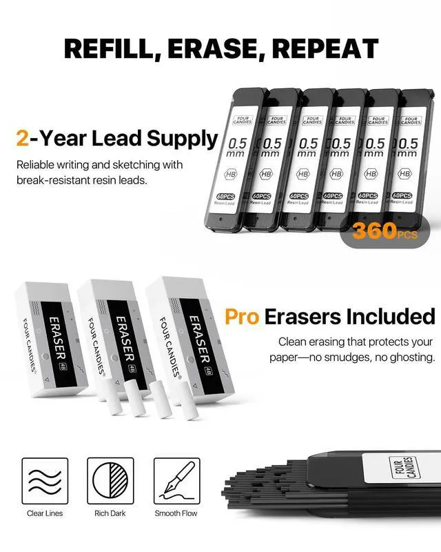 Alt view image 5 of 7 - Metal Mechanical Pencil Set with Case, 6-Pack 0.5mm Fine Point Pencils 360 Leads, 12 Erasers, Non-Slip Grips, For School Writing, Sketching, Art Drawing & Professional Drafting