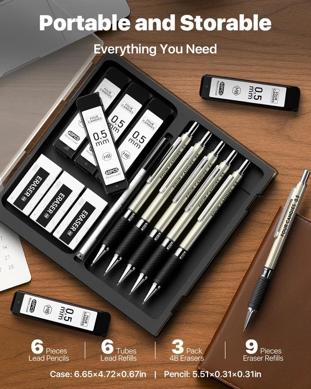 Alt view image 6 of 7 - Metal Mechanical Pencil Set with Case, 6-Pack 0.5mm Fine Point Pencils 360 Leads, 12 Erasers, Non-Slip Grips, For School Writing, Sketching, Art Drawing & Professional Drafting