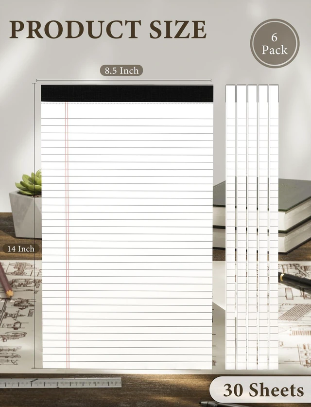 Alt view image 2 of 7 - White Legal Pads 8.5x14, 6 Pack Wide Ruled Legal Notepads, White Note Pads 8.5 x 14 Writing Pads, Notebook Paper 8.5x14, Lined Tablets Notebook Pads of Paper, 70 GSM White Paper, 30 Sheets/Pad