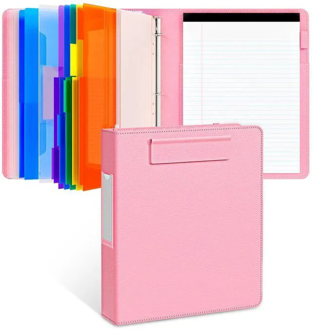 Main image of 3 Ring Binder Clipboard with Storage, 5 Folders, Pink 3 ring clipboard portfolio combines five expandable folders, a refillable letter size notepad and storage