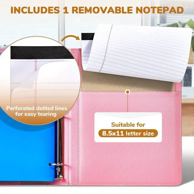 Alt view image 5 of 7 - 3 Ring Binder Clipboard with Storage, 5 Folders, Pink 3 ring clipboard portfolio combines five expandable folders, a refillable letter size notepad and storage