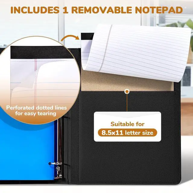 Alt view image 5 of 7 - 3 Ring Binder Clipboard with Storage, 5 Folders, Black 3 ring clipboard portfolio combines five expandable folders, a refillable letter size notepad and storage