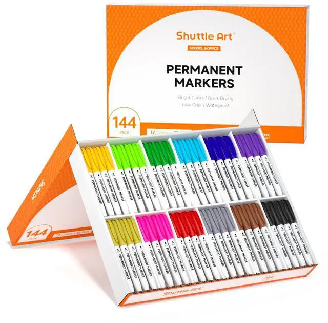 Main image of 144 Pack Permanent Markers, Permanent Marker Assorted Colors, 12 Bright Colors Fine Point Permanent Markers For Kids and Adult Coloring on Wood, Stone, Glass as Office, School Supplies