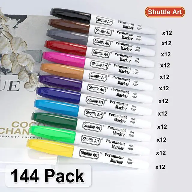 Alt view image 2 of 7 - 144 Pack Permanent Markers, Permanent Marker Assorted Colors, 12 Bright Colors Fine Point Permanent Markers For Kids and Adult Coloring on Wood, Stone, Glass as Office, School Supplies