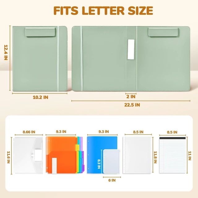 Alt view image 2 of 7 - 3 Ring Binder Clipboard with Storage, 5 Folders, Grass Green 3 ring clipboard portfolio combines five expandable folders, a refillable letter size notepad and storage