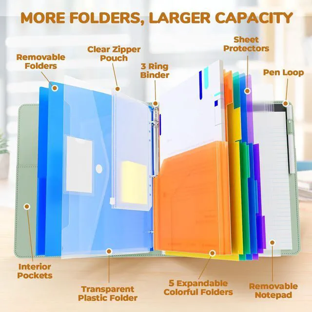 Alt view image 3 of 7 - 3 Ring Binder Clipboard with Storage, 5 Folders, Grass Green 3 ring clipboard portfolio combines five expandable folders, a refillable letter size notepad and storage