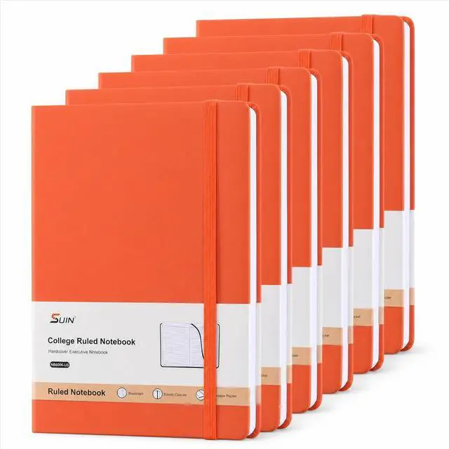 Main image of 6 Pack A5 Hardcover Lined Journal Notebooks, 200 Pages, Orange Each notebook has a soft-touch faux leather cover, lay-flat design, elastic closure, ribbon bookmark and inner pocket