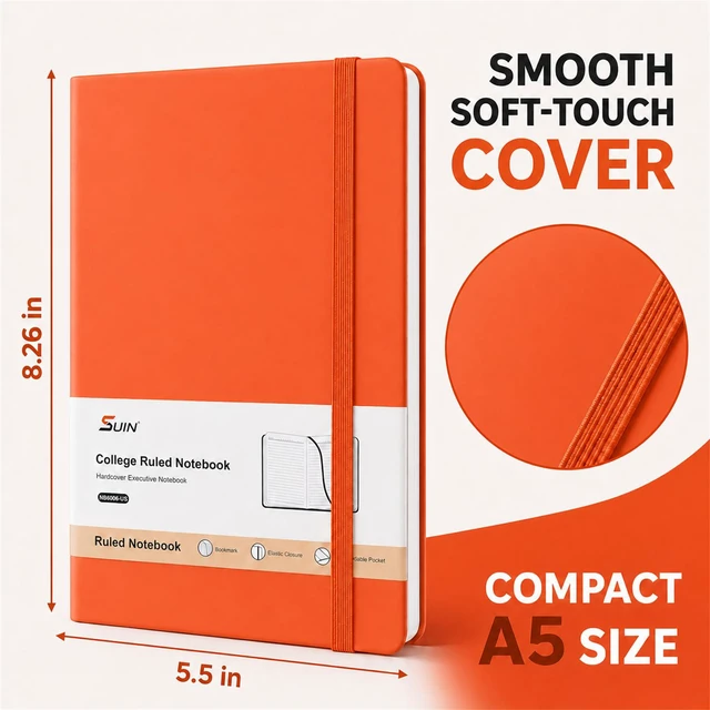 Alt view image 2 of 7 - 6 Pack A5 Hardcover Lined Journal Notebooks, 200 Pages, Orange Each notebook has a soft-touch faux leather cover, lay-flat design, elastic closure, ribbon bookmark and inner pocket