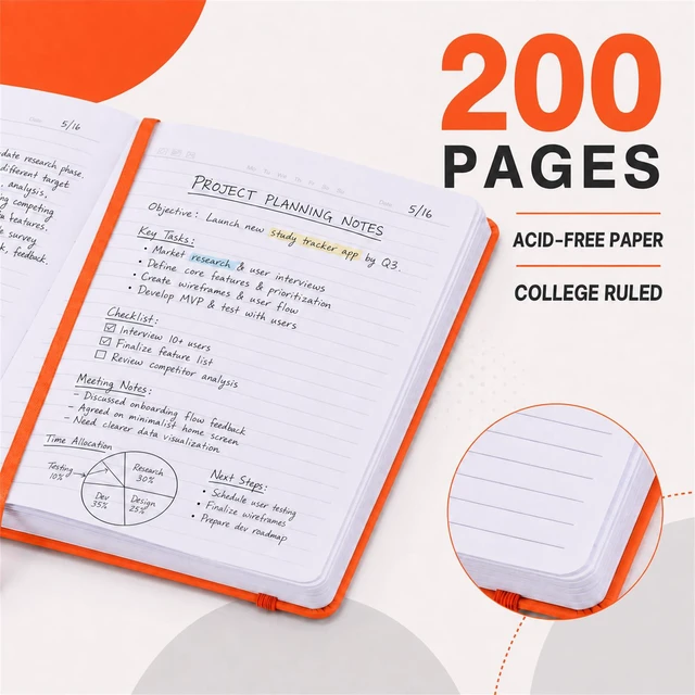 Alt view image 5 of 7 - 6 Pack A5 Hardcover Lined Journal Notebooks, 200 Pages, Orange Each notebook has a soft-touch faux leather cover, lay-flat design, elastic closure, ribbon bookmark and inner pocket