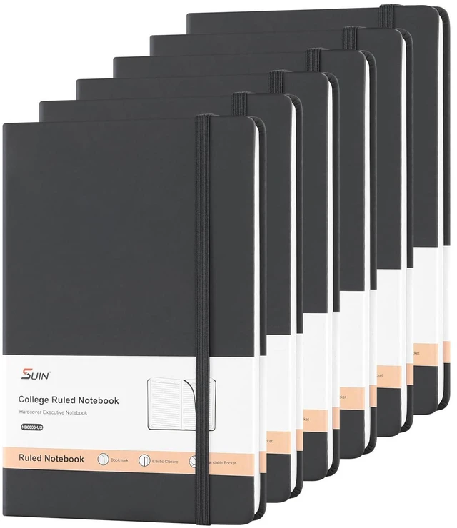 Main image of 6 Pack A5 Hardcover Lined Journal Notebooks, 200 Pages, Black Each notebook has a soft-touch faux leather cover, lay-flat design, elastic closure, ribbon bookmark and inner pocket