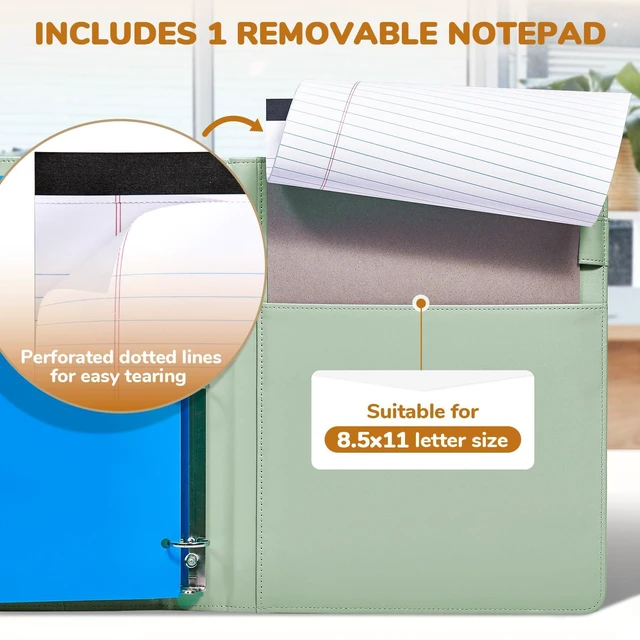 Alt view image 6 of 7 - 3 Ring Binder Clipboard with Storage, 5 Folders, Grass Green 3 ring clipboard portfolio combines five expandable folders, a refillable letter size notepad and storage