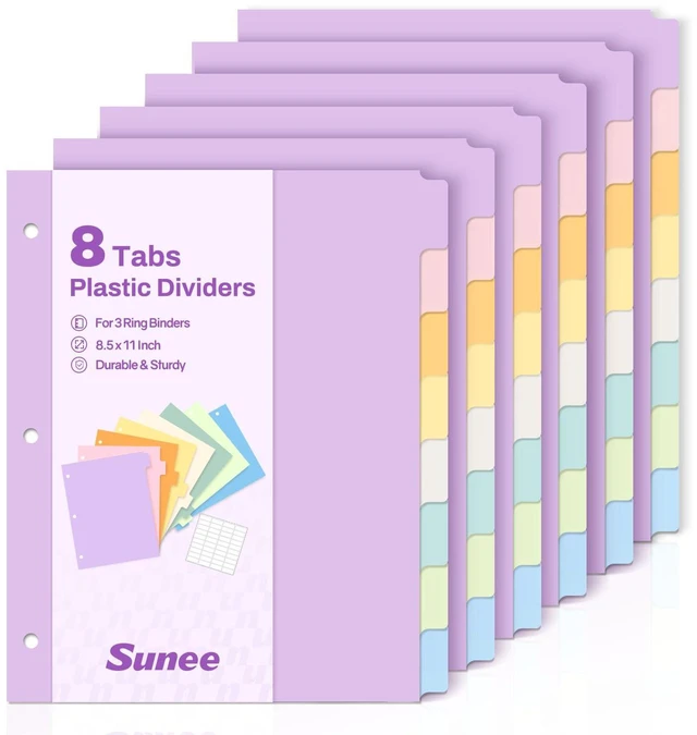 Main image of 8 Tab Binder Dividers,Plastic Dividers for 3 Ring Binder,3 Ring Binder Dividers with Tabs for School Office Home Supplies,Soft Color, 6 Set