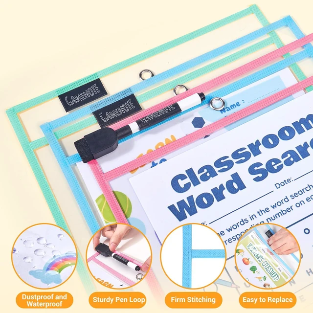 Alt view image 2 of 7 - 30 Pack Pastel Dry Erase Pockets, 10x14 Reusable Sleeves 30 reusable PVC pockets hold 8.5 x 11 and 9 x 12 sheets; double sided wipe clean surfaces, pen loops, eyelets, and 5 rings