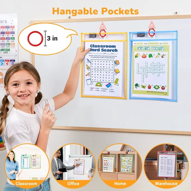 Alt view image 4 of 7 - 30 Pack Pastel Dry Erase Pockets, 10x14 Reusable Sleeves 30 reusable PVC pockets hold 8.5 x 11 and 9 x 12 sheets; double sided wipe clean surfaces, pen loops, eyelets, and 5 rings