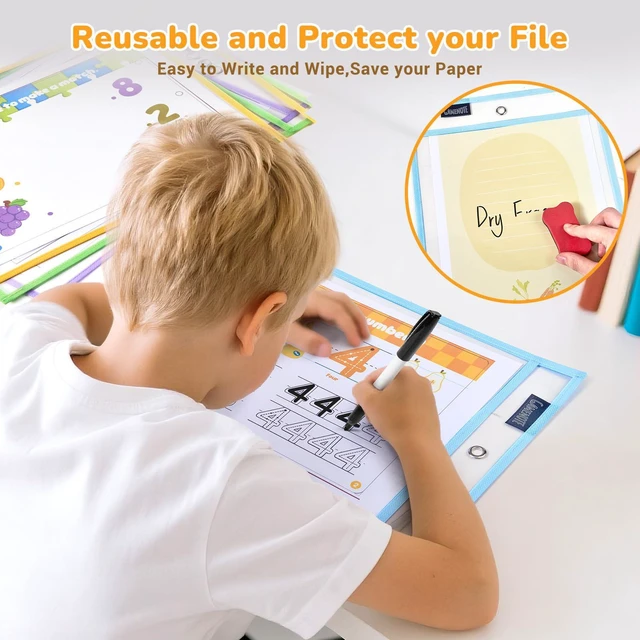 Alt view image 3 of 7 - 30 Pack Pastel Dry Erase Pockets, 10x14 Reusable Sleeves 30 reusable PVC pockets hold 8.5 x 11 and 9 x 12 sheets; double sided wipe clean surfaces, pen loops, eyelets, and 5 rings