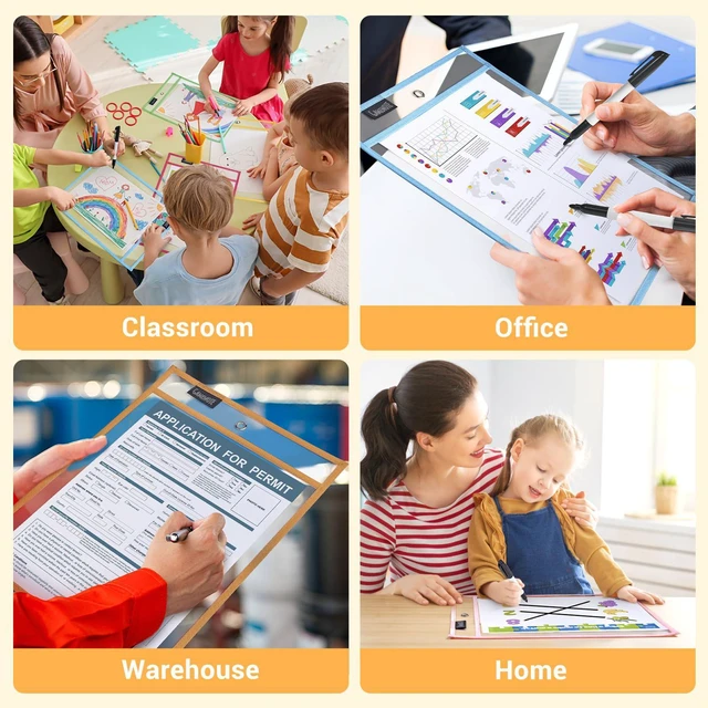 Alt view image 6 of 7 - 30 Pack Pastel Dry Erase Pockets, 10x14 Reusable Sleeves 30 reusable PVC pockets hold 8.5 x 11 and 9 x 12 sheets; double sided wipe clean surfaces, pen loops, eyelets, and 5 rings