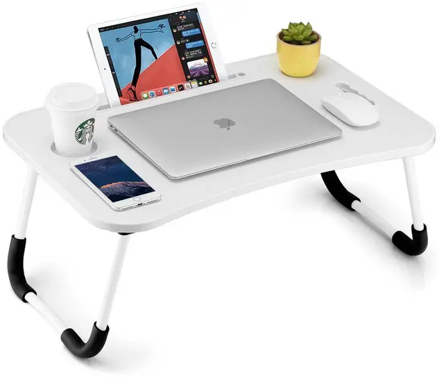 Main image of Foldable Laptop Table, Portable Lap Desk Bed Table Tray, Laptop Stand with Cup Holder & Tablet Slot & Lifting Handle for Working Writing Drawing & Eating (White)