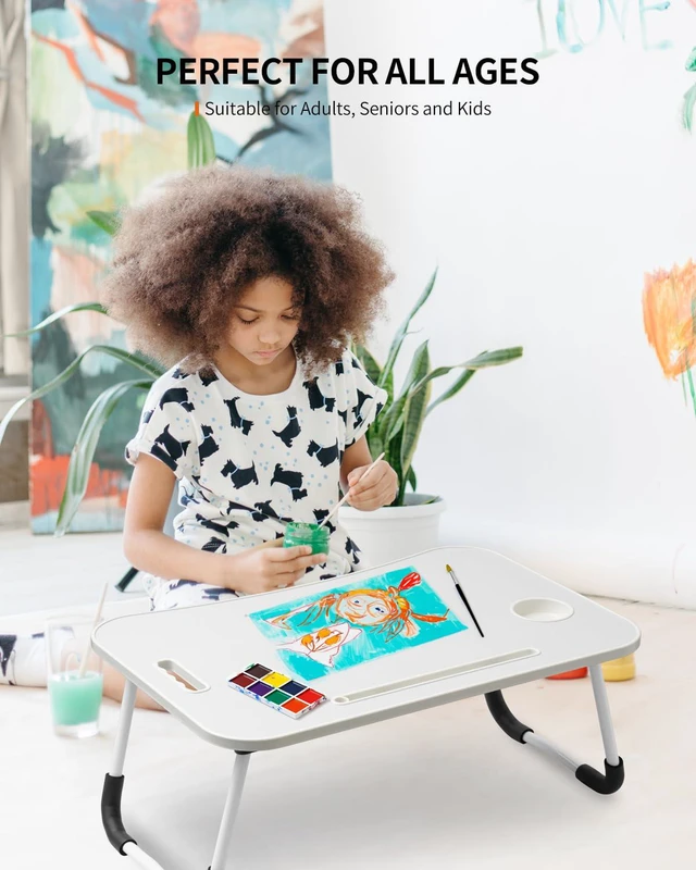 Alt view image 3 of 6 - Foldable Laptop Table, Portable Lap Desk Bed Table Tray, Laptop Stand with Cup Holder & Tablet Slot & Lifting Handle for Working Writing Drawing & Eating (White)