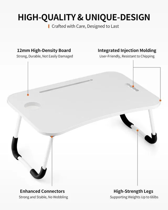 Alt view image 5 of 6 - Foldable Laptop Table, Portable Lap Desk Bed Table Tray, Laptop Stand with Cup Holder & Tablet Slot & Lifting Handle for Working Writing Drawing & Eating (White)