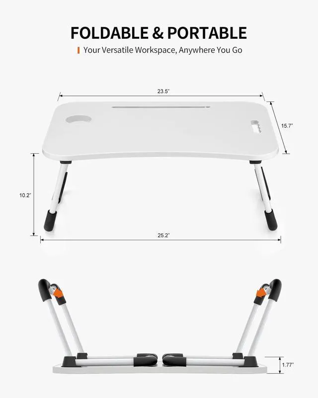 Alt view image 6 of 6 - Foldable Laptop Table, Portable Lap Desk Bed Table Tray, Laptop Stand with Cup Holder & Tablet Slot & Lifting Handle for Working Writing Drawing & Eating (White)