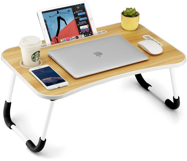 Main image of Foldable Laptop Table, Portable Lap Desk Bed Table Tray, Laptop Stand with Cup Holder & Tablet Slot & Lifting Handle for Working Writing Drawing & Eating (Wood)