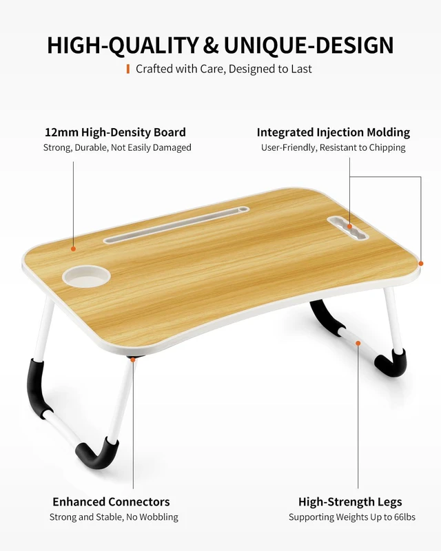 Alt view image 5 of 6 - Foldable Laptop Table, Portable Lap Desk Bed Table Tray, Laptop Stand with Cup Holder & Tablet Slot & Lifting Handle for Working Writing Drawing & Eating (Wood)