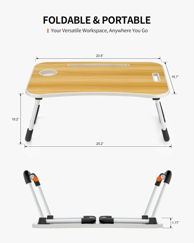 Alt view image 6 of 6 - Foldable Laptop Table, Portable Lap Desk Bed Table Tray, Laptop Stand with Cup Holder & Tablet Slot & Lifting Handle for Working Writing Drawing & Eating (Wood)