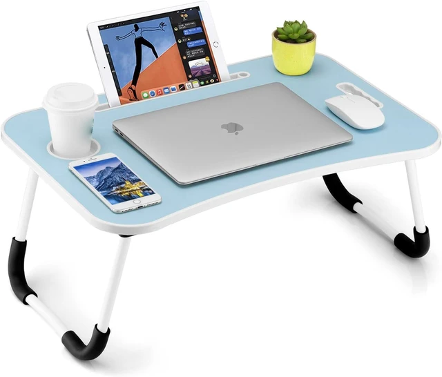Main image of Foldable Laptop Table, Portable Lap Desk Bed Table Tray, Laptop Stand with Cup Holder & Tablet Slot & Lifting Handle for Working Writing Drawing & Eating (Blue)