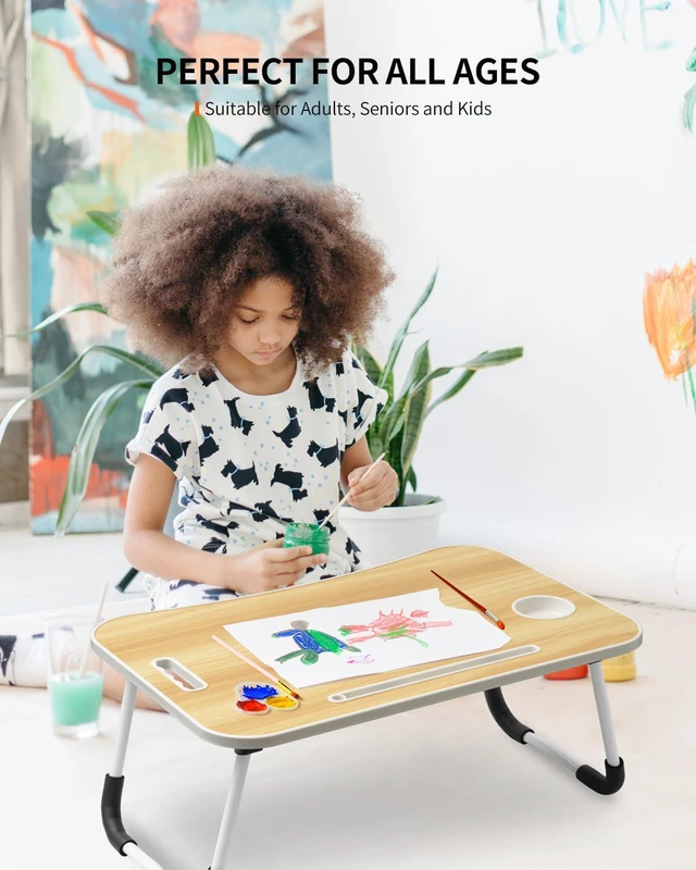 Alt view image 3 of 6 - Foldable Laptop Table, Portable Lap Desk Bed Table Tray, Laptop Stand with Cup Holder & Tablet Slot & Lifting Handle for Working Writing Drawing & Eating (Wood)