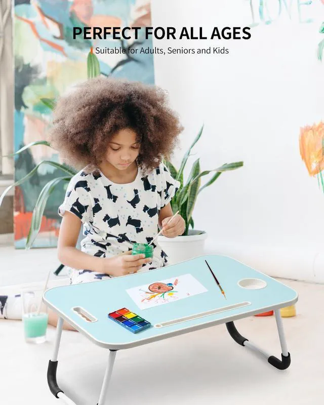 Alt view image 3 of 6 - Foldable Laptop Table, Portable Lap Desk Bed Table Tray, Laptop Stand with Cup Holder & Tablet Slot & Lifting Handle for Working Writing Drawing & Eating (Blue)
