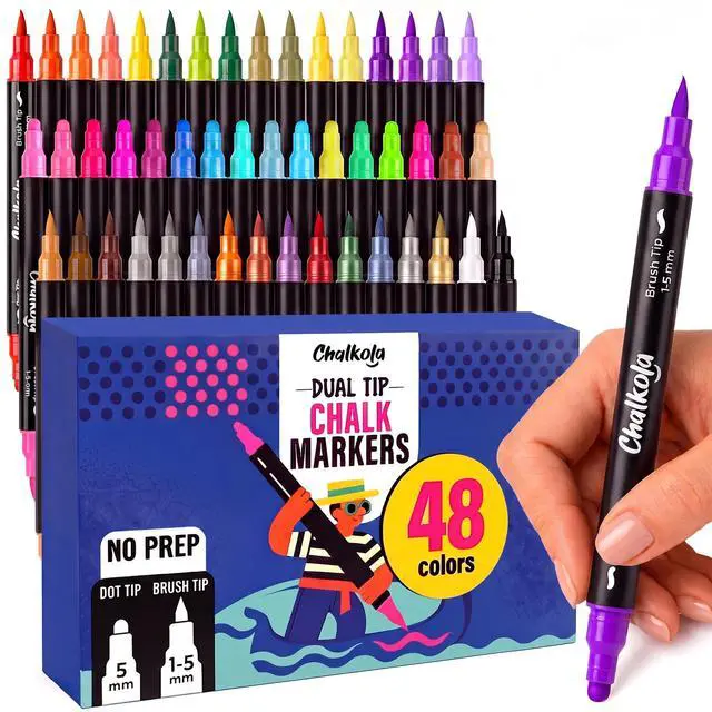 Main image of 48 Chalk Markers for Chalkboard, Glass & Mirror - Dot + Brush Tip 48 Colors - Washable, Non Toxic, No Prep - Fine Tip Erasable Liquid Chalk Pens for Blackboard, Car Window, Dry Erase Board