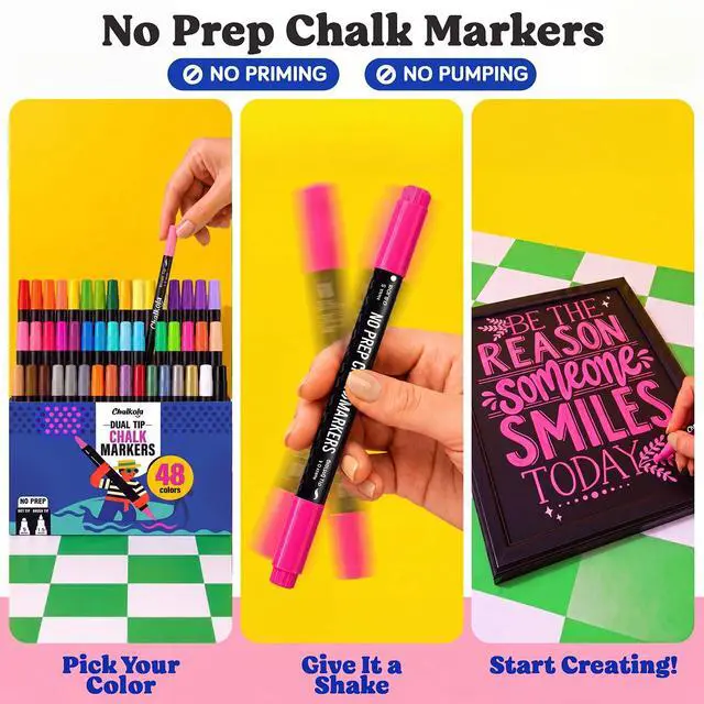 Alt view image 2 of 7 - 48 Chalk Markers for Chalkboard, Glass & Mirror - Dot + Brush Tip 48 Colors - Washable, Non Toxic, No Prep - Fine Tip Erasable Liquid Chalk Pens for Blackboard, Car Window, Dry Erase Board