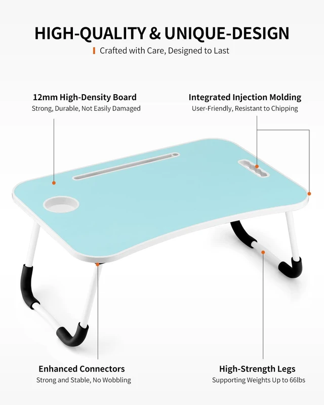 Alt view image 5 of 6 - Foldable Laptop Table, Portable Lap Desk Bed Table Tray, Laptop Stand with Cup Holder & Tablet Slot & Lifting Handle for Working Writing Drawing & Eating (Blue)